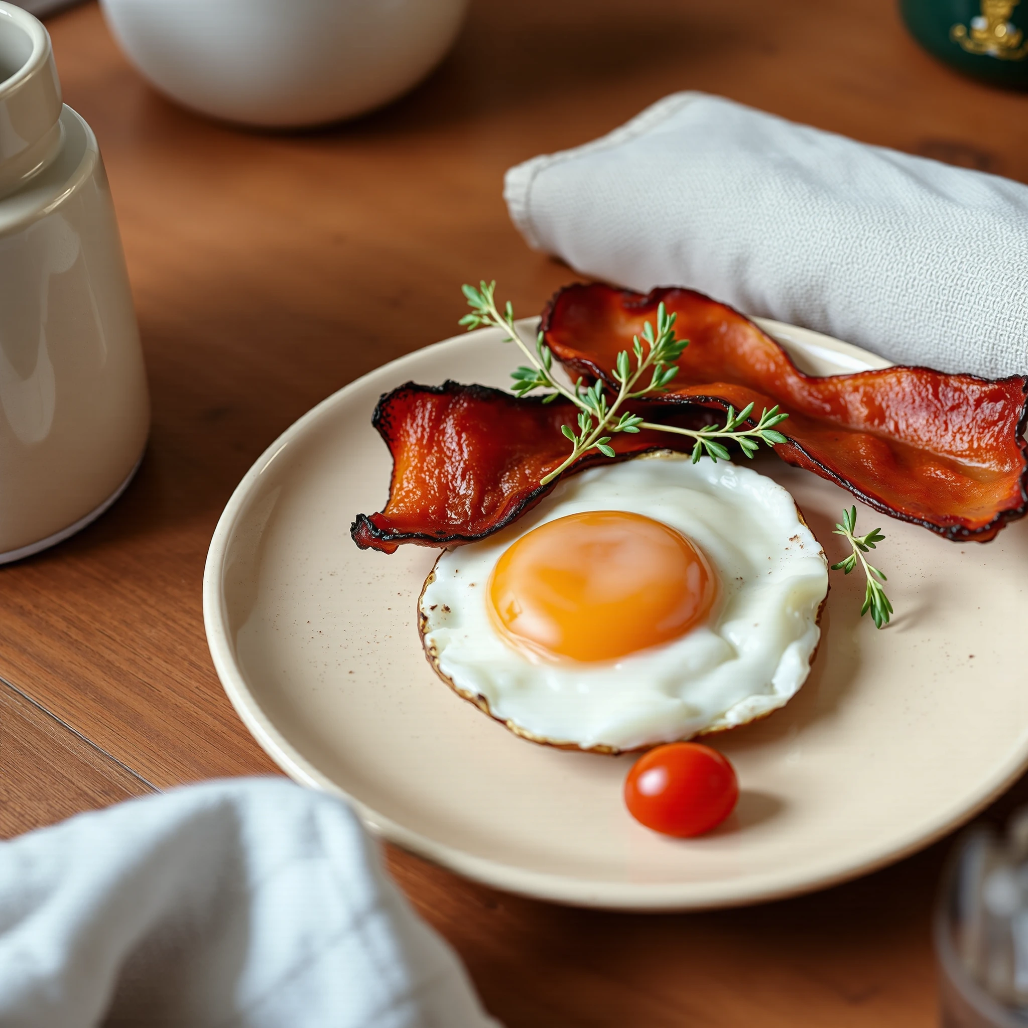 Fried egg and bacon served alongside breakfast, not the boxty pancake itself